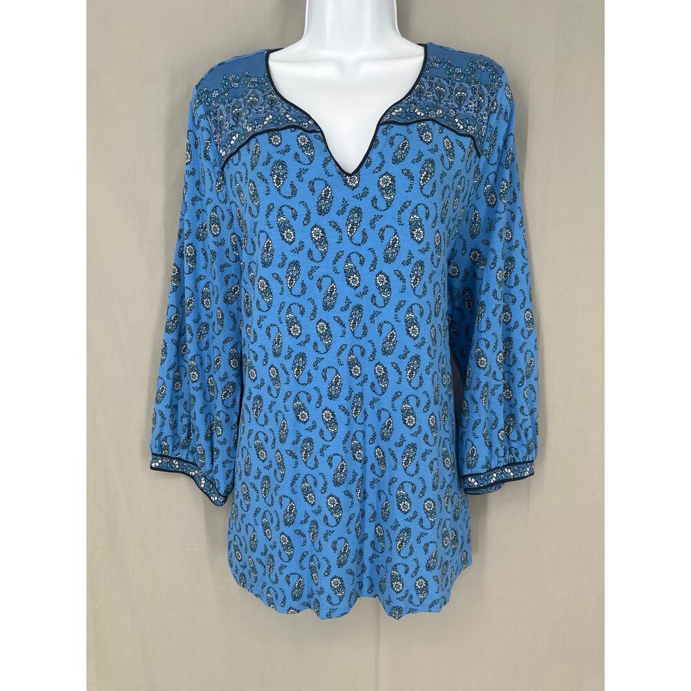 J Jill Top Large Blue Paisley Wearever Bohemian Boho Capsule Cottagecore Stretch